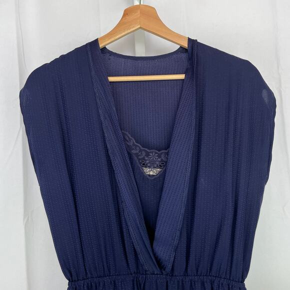 SESSUN Victorian Queen Silk Mini Dress Cap Sleeve Blouson Navy Blue Size XS - Picture 5 of 12